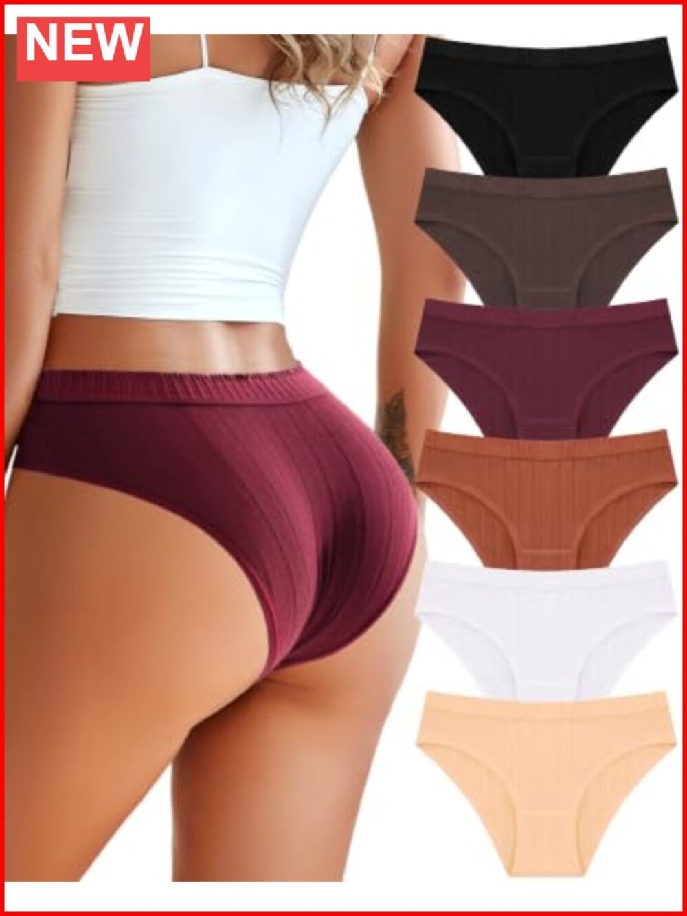 Ribbed Cotton Cheeky Bikini Panties Low Rise SoftFit 6 Pack